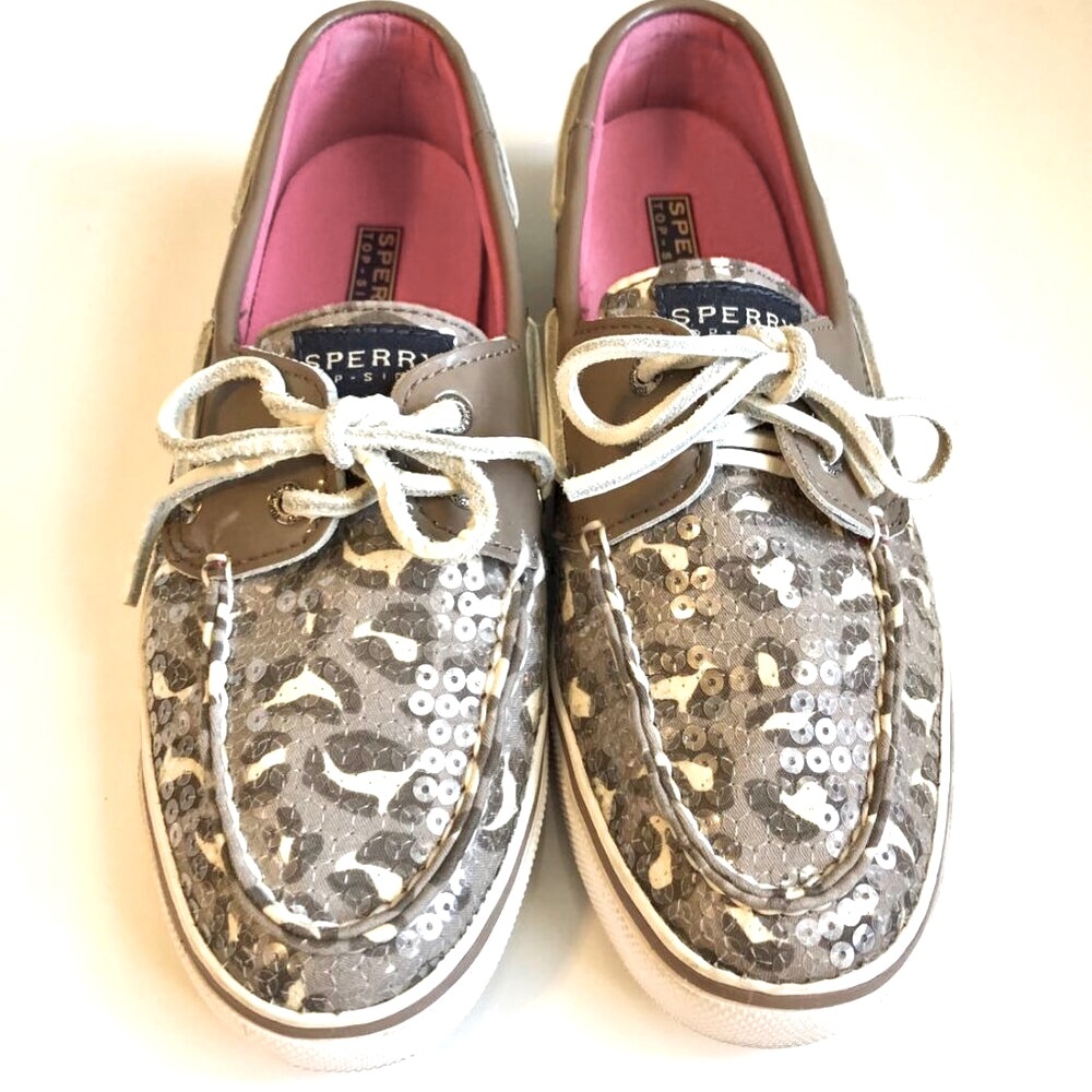 SPERRY Vintage Y2K Bahama Top Sider Boat Shoe Leopard Sequined Sneaker Grey 7